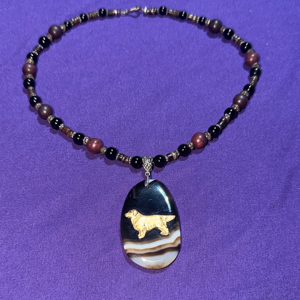 Black and Brown Stone Wood  Necklace with Golden Retriever Pendant (1)